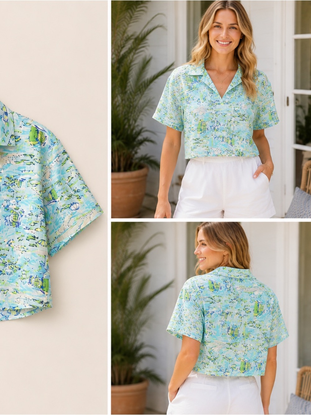MEET ME IN SANTORINI - Teal Beach Printed Collared Crop Top NWT